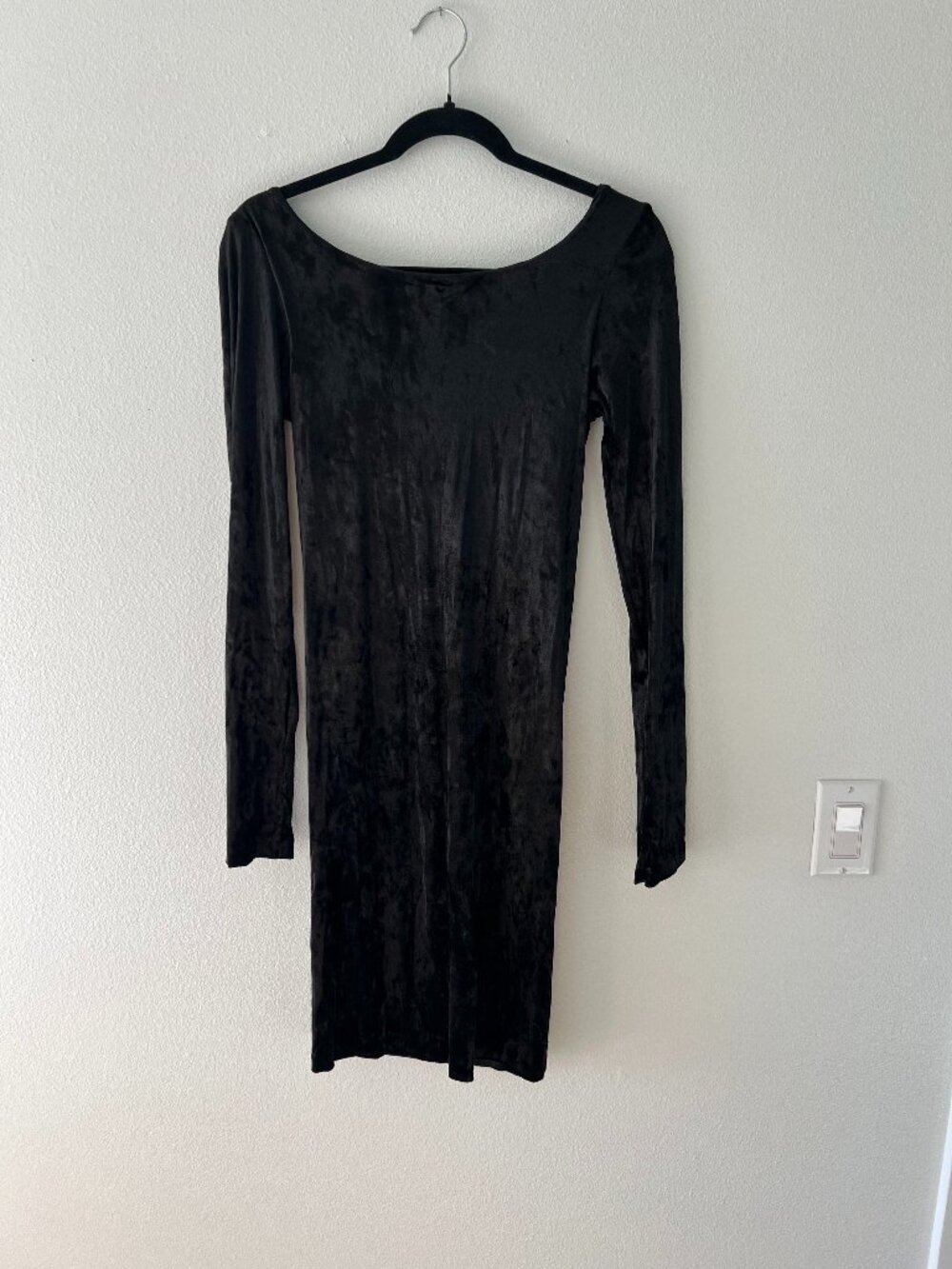 Paper Crown Low Back Long-sleeve Velvet Mini Dress, Black
